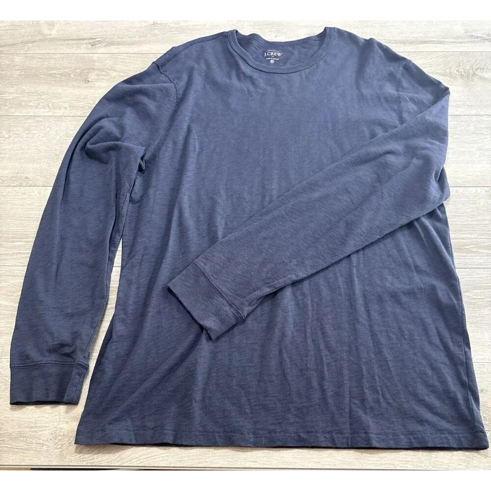J. CREW Authentic Long Sleeve Dark Blue Cotton Tee Exposed Stitching Men's XL